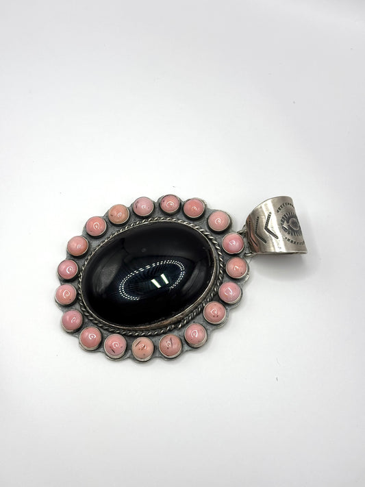 Pink Conch and Black Onyx Pendant by Ned Nez