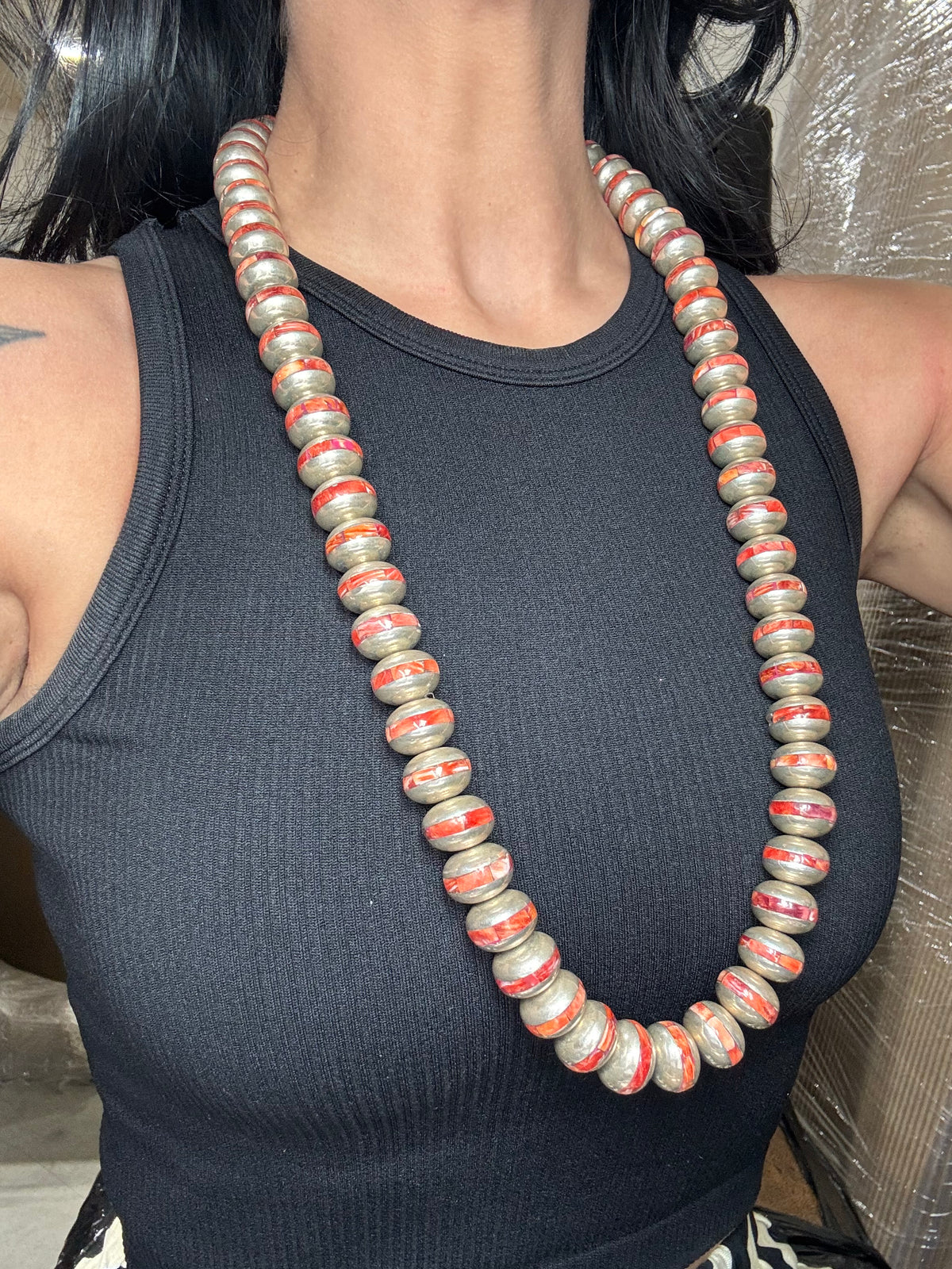 Red Spiny #917-42 Inlayed Sterling Silver Pearls by Federico Jimenez