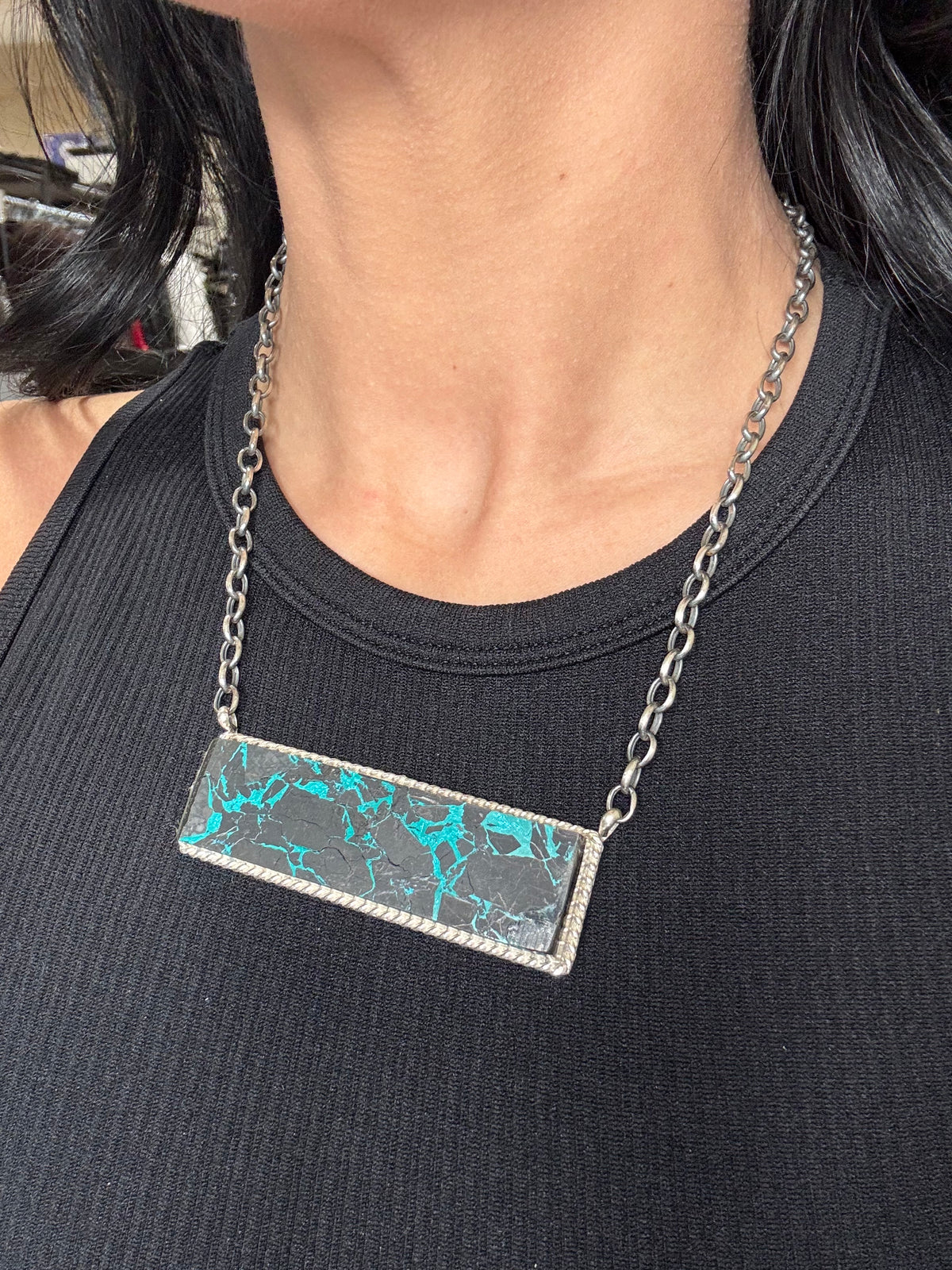 Blackjack Crush Mojave #917-37 Bar Necklace by Brandon Etcitty, Navajo