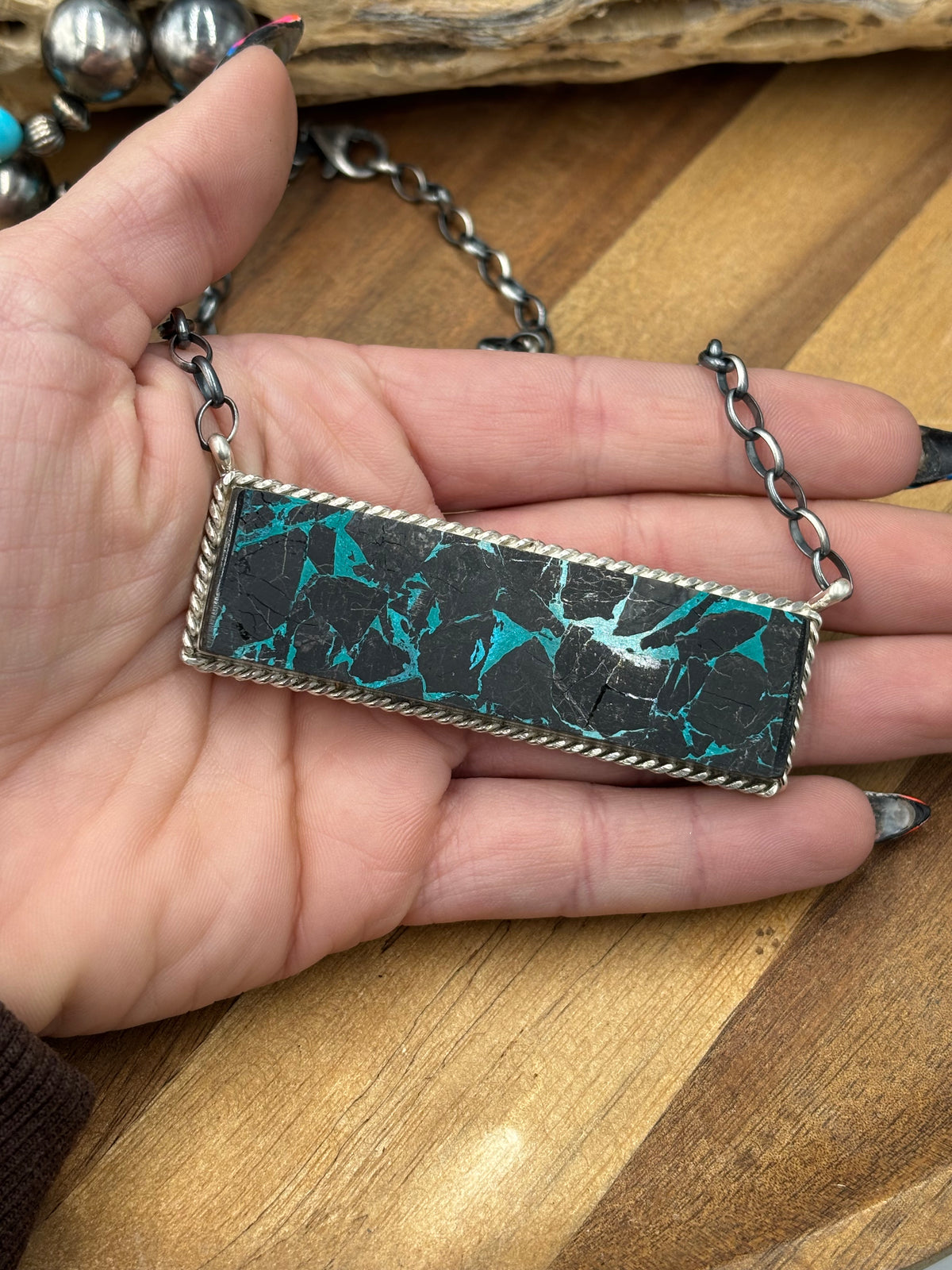 Blackjack Crush Mojave #917-38 Bar Necklace by Brandon Etcitty, Navajo