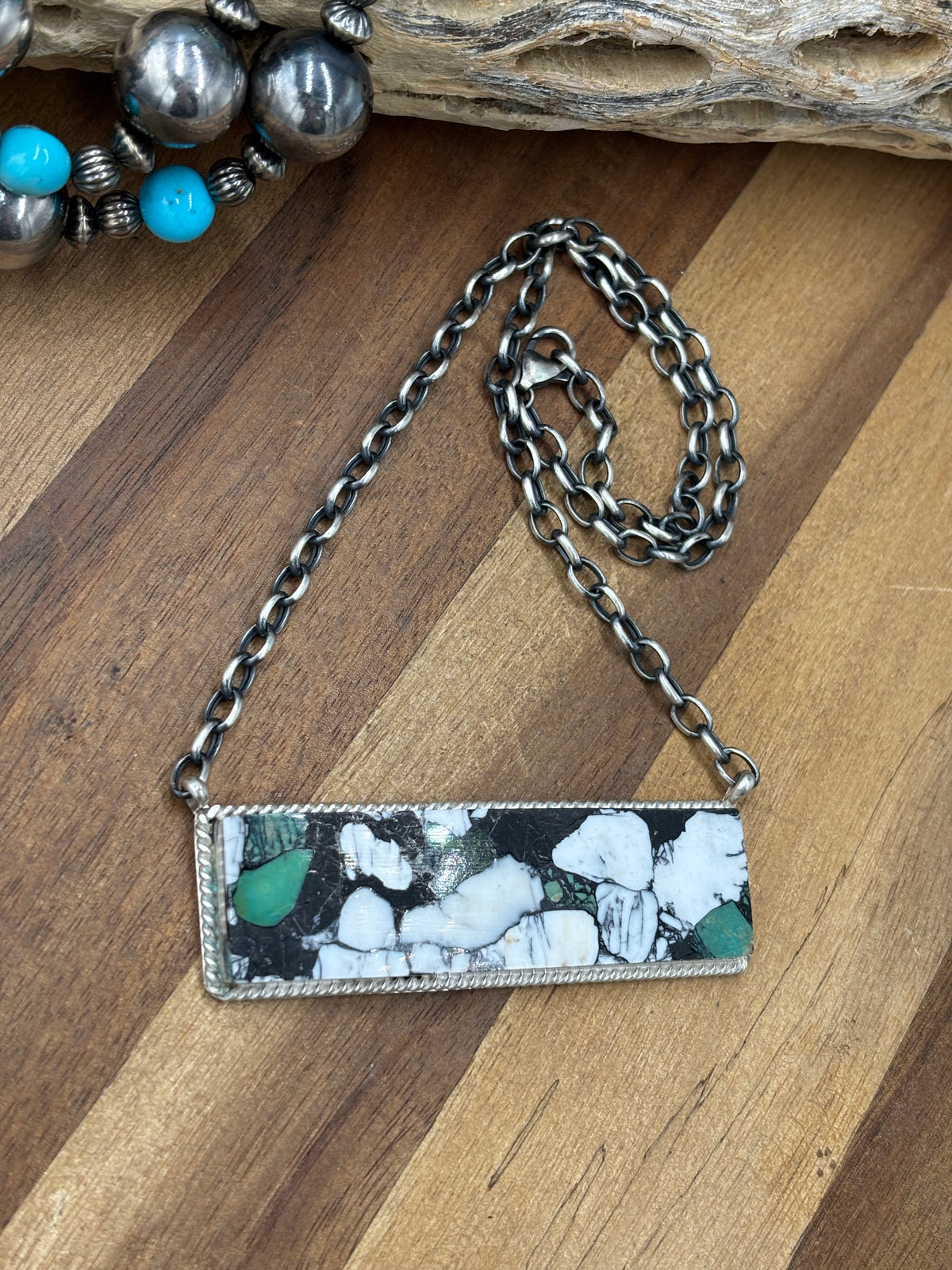 White Buffalo Mojave #917-41 Bar Necklace by Brandon Etcitty, Navajo