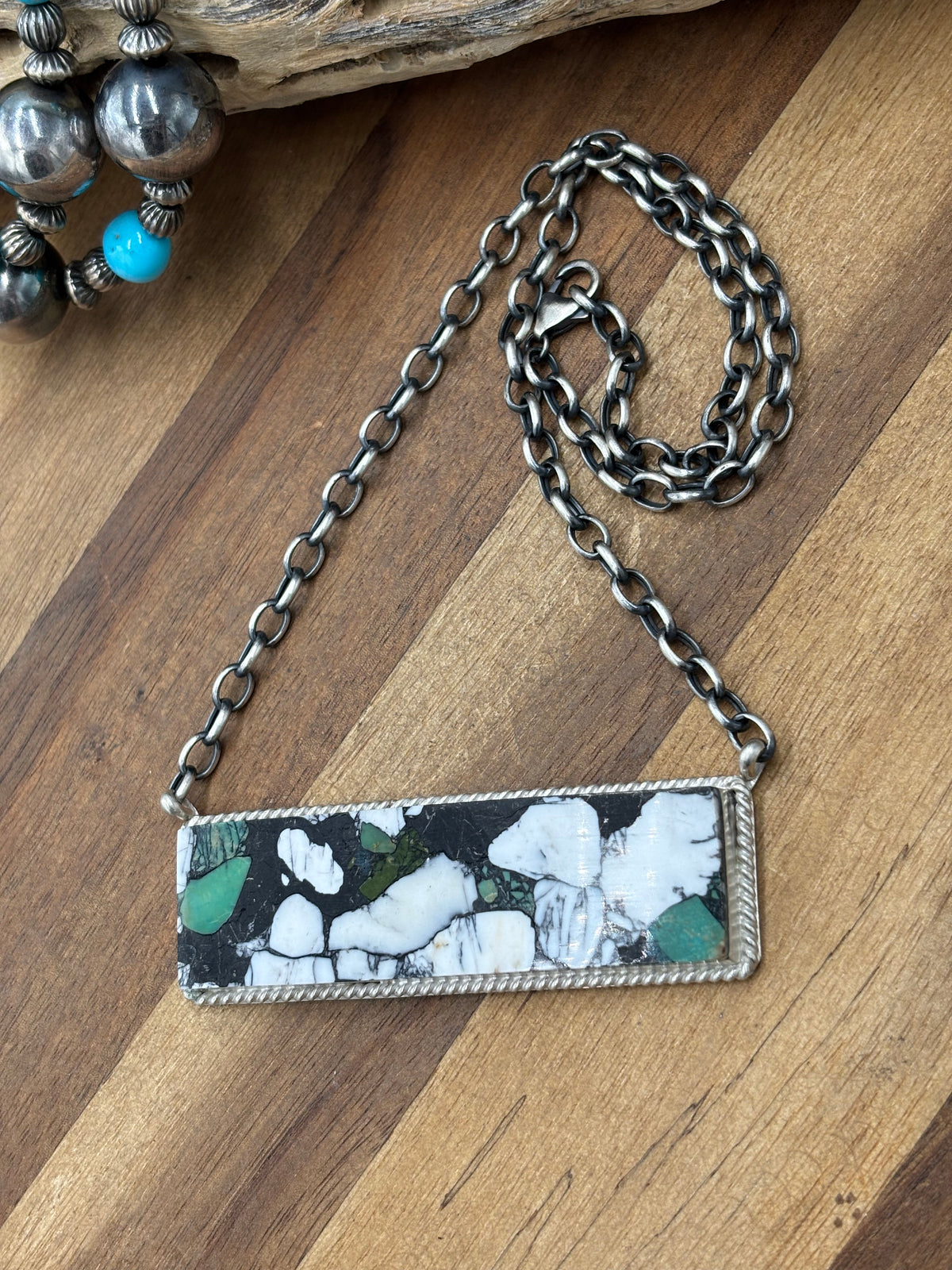 White Buffalo Mojave #917-41 Bar Necklace by Brandon Etcitty, Navajo