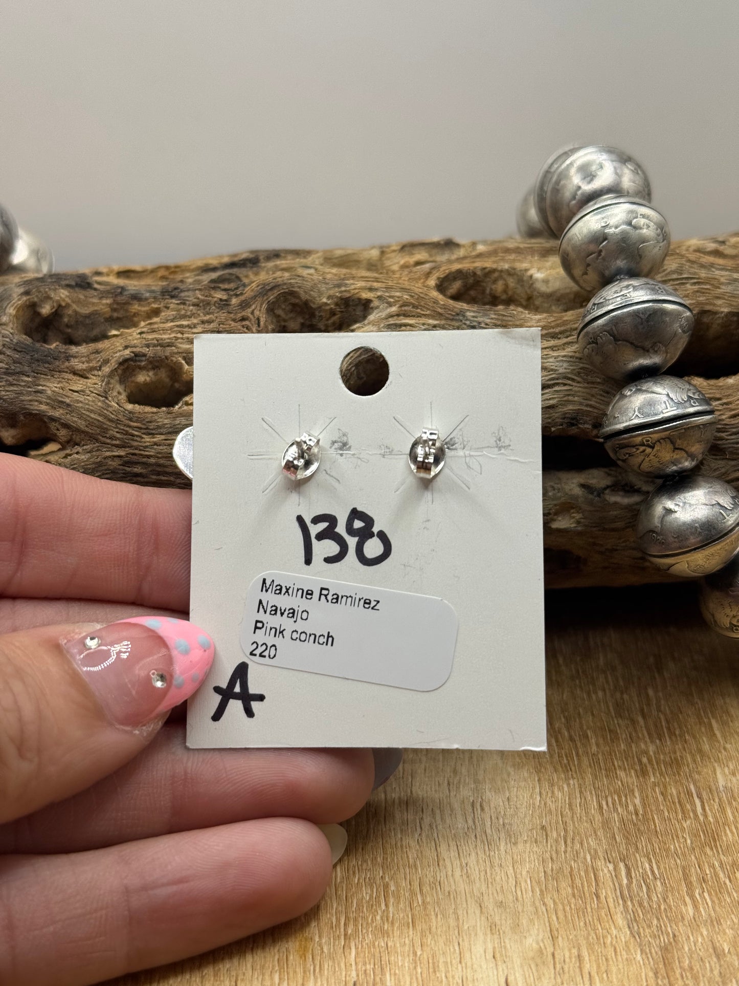 Pink Conch Stud Earrings #A by Maxine Ramirez, Navajo