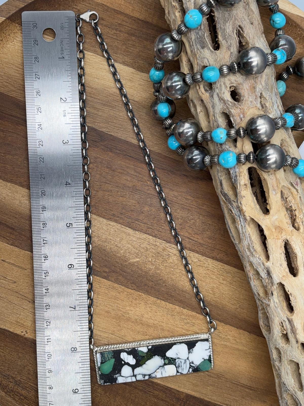 White Buffalo Mojave #917-41 Bar Necklace by Brandon Etcitty, Navajo