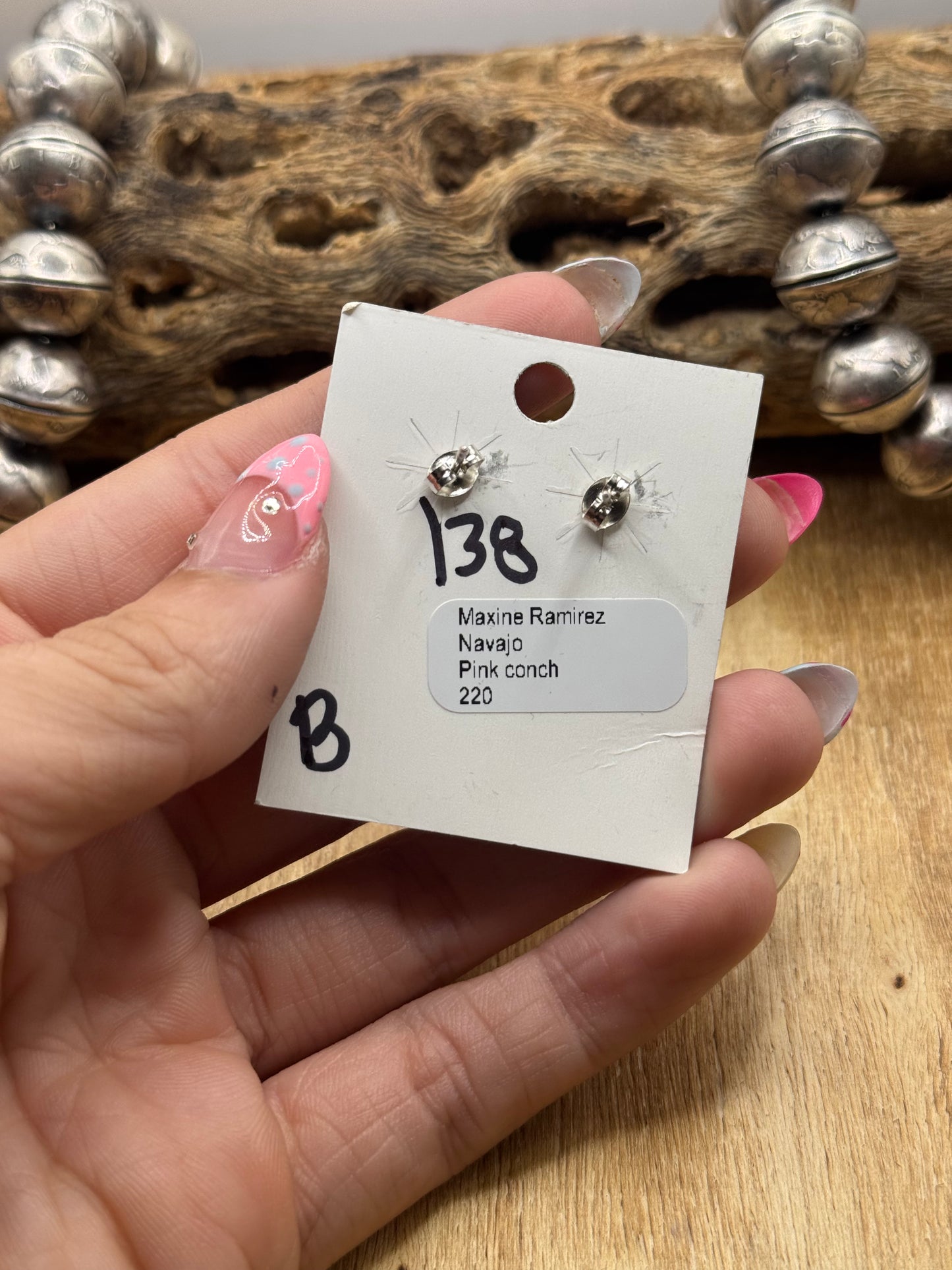 Pink Conch Stud Earrings #B by Maxine Ramirez, Navajo