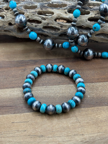10mm #101-21 Sterling Silver Pearl Stretchy Bracelet With Turquoise
