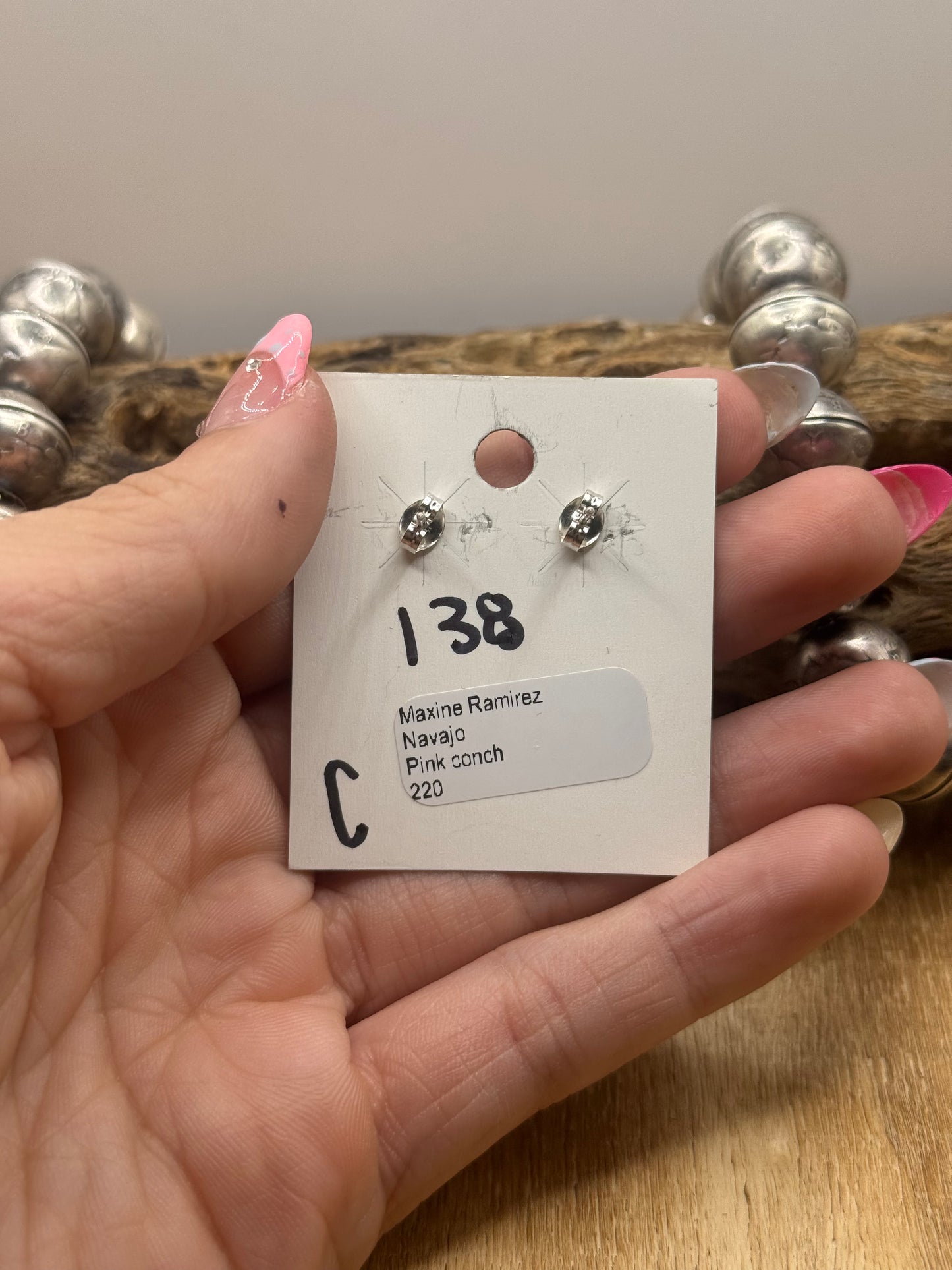 Pink Conch Stud Earrings #C by Maxine Ramirez, Navajo