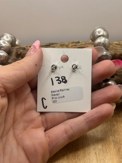 Pink Conch Stud Earrings #C by Maxine Ramirez, Navajo