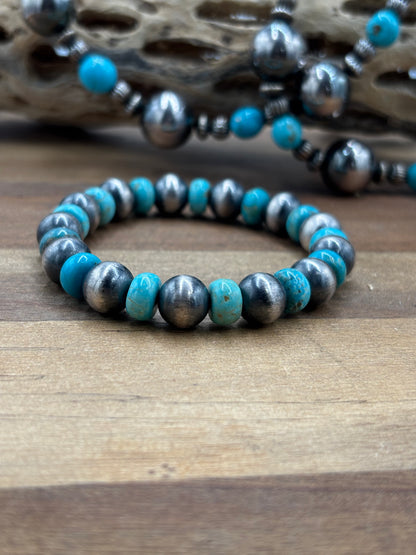 10mm #101-21 Sterling Silver Pearl Stretchy Bracelet With Turquoise