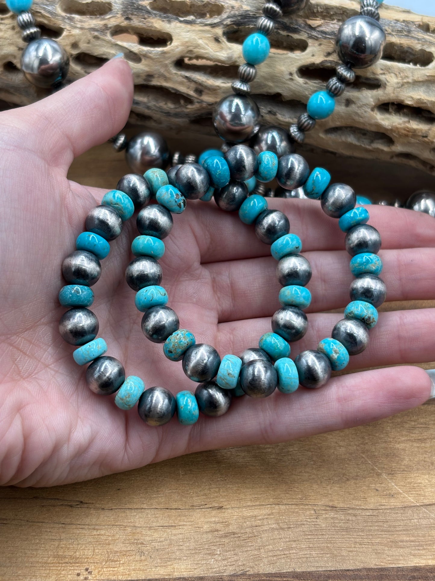 10mm #101-21 Sterling Silver Pearl Stretchy Bracelet With Turquoise