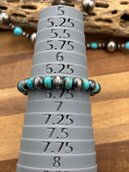 10mm #101-21 Sterling Silver Pearl Stretchy Bracelet With Turquoise