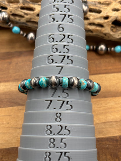 10mm #101-21 Sterling Silver Pearl Stretchy Bracelet With Turquoise