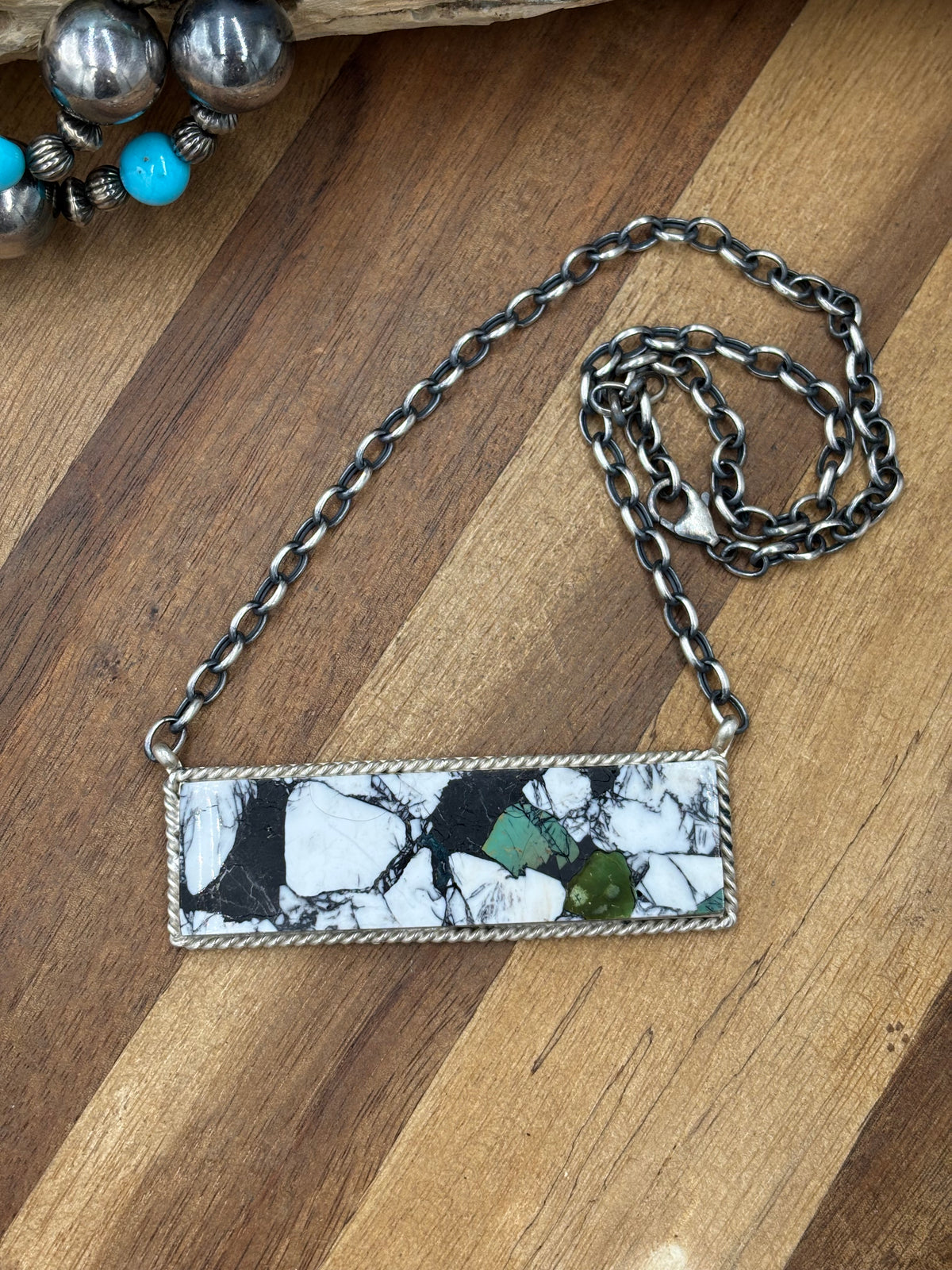 White Buffalo Mojave #917-39 Bar Necklace by Brandon Etcitty, Navajo