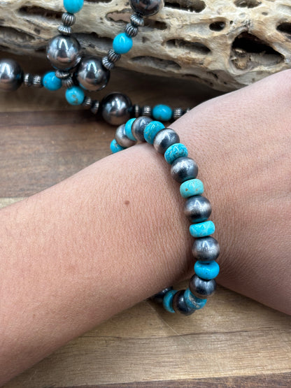 10mm #101-21 Sterling Silver Pearl Stretchy Bracelet With Turquoise