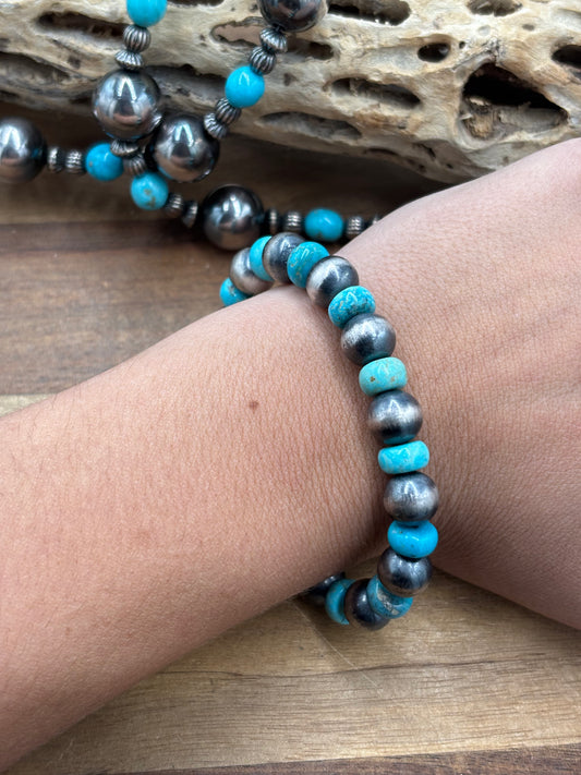 10mm #101-21 Sterling Silver Pearl Stretchy Bracelet With Turquoise