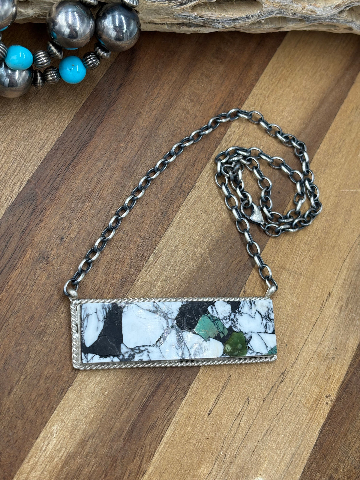 White Buffalo Mojave #917-39 Bar Necklace by Brandon Etcitty, Navajo