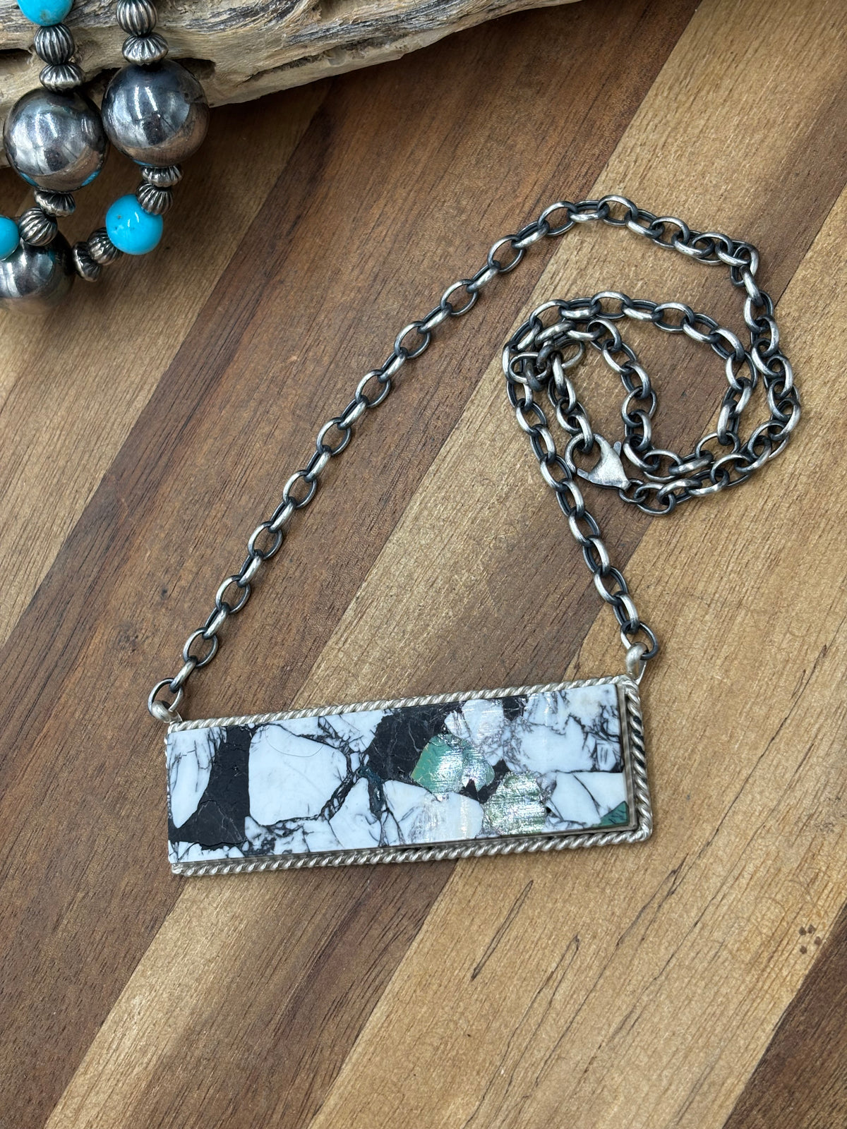 White Buffalo Mojave #917-39 Bar Necklace by Brandon Etcitty, Navajo
