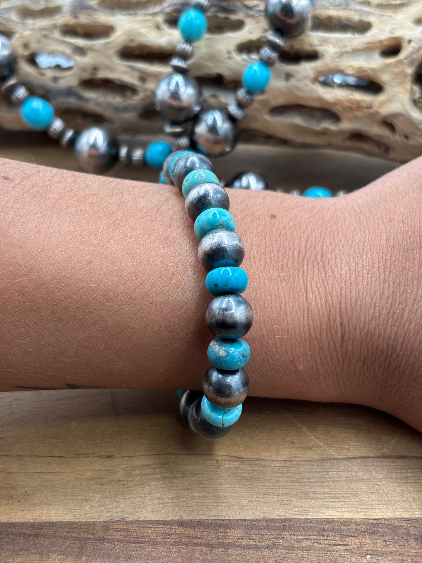 10mm #101-21 Sterling Silver Pearl Stretchy Bracelet With Turquoise