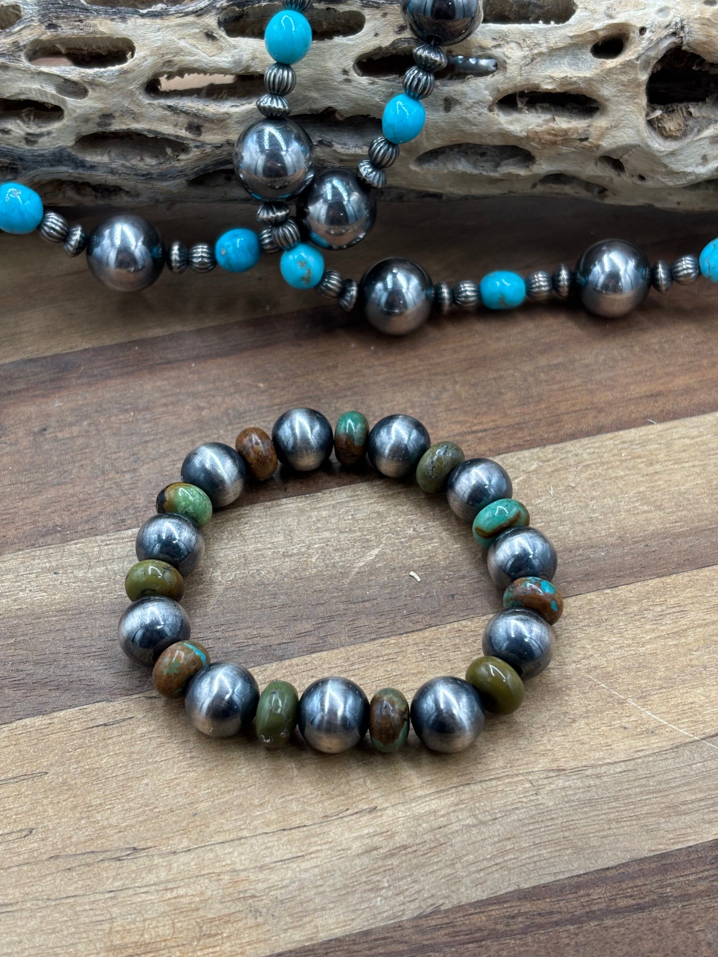 12mm #101-20 Sterling Silver Pearl & Green Turquoise Stretchy Bracelet