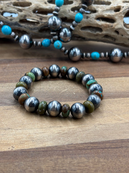 12mm #101-20 Sterling Silver Pearl & Green Turquoise Stretchy Bracelet