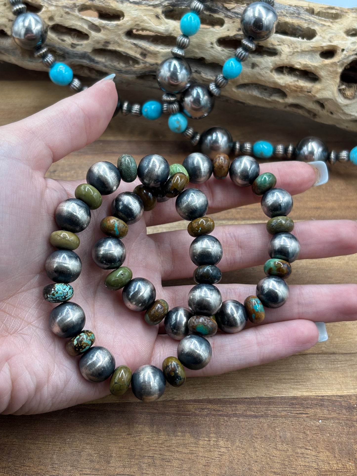 12mm #101-20 Sterling Silver Pearl & Green Turquoise Stretchy Bracelet