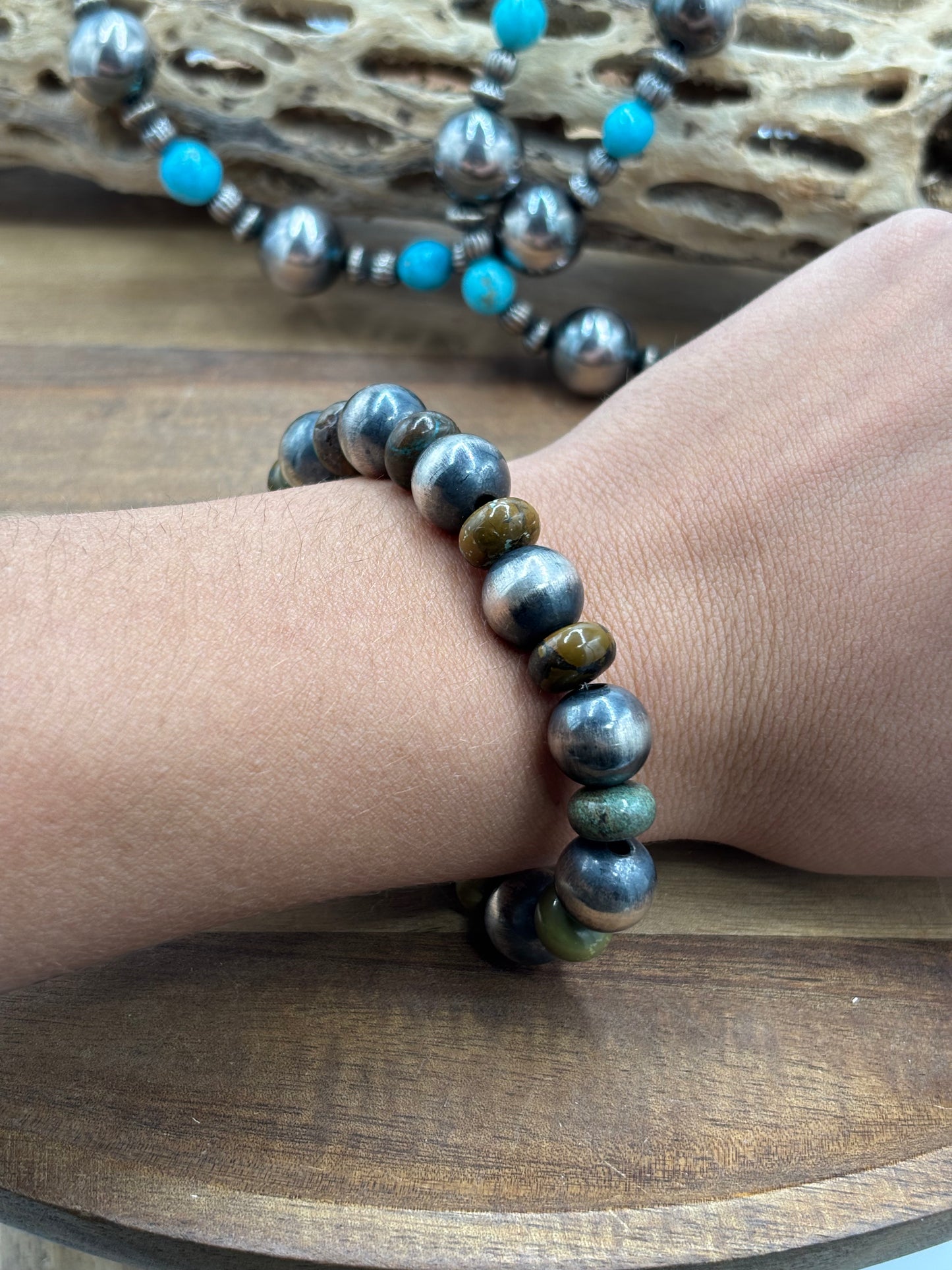 12mm #101-20 Sterling Silver Pearl & Green Turquoise Stretchy Bracelet