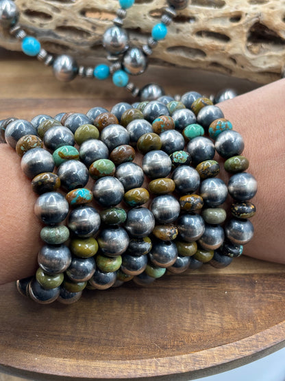 12mm #101-20 Sterling Silver Pearl & Green Turquoise Stretchy Bracelet