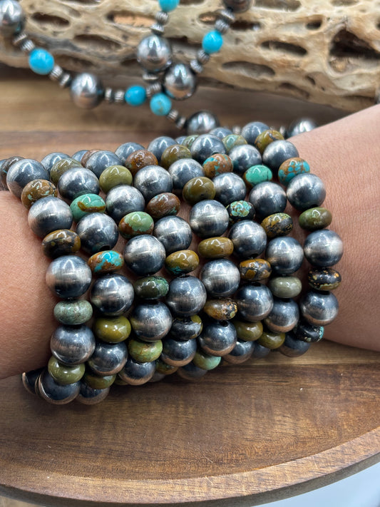 12mm #101-20 Sterling Silver Pearl & Green Turquoise Stretchy Bracelet