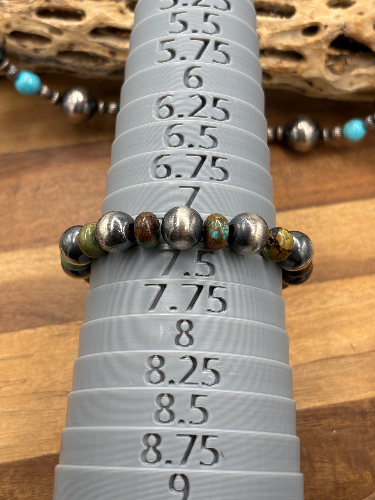 12mm #101-20 Sterling Silver Pearl & Green Turquoise Stretchy Bracelet