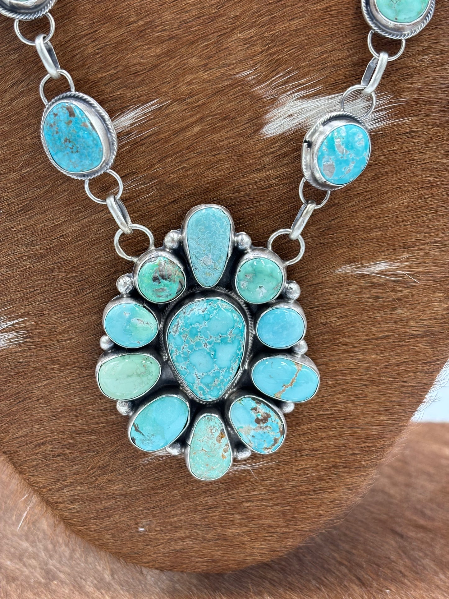 Carico Lake #101-7 Turquoise Statement Necklace Set by Ella Peter, Navajo