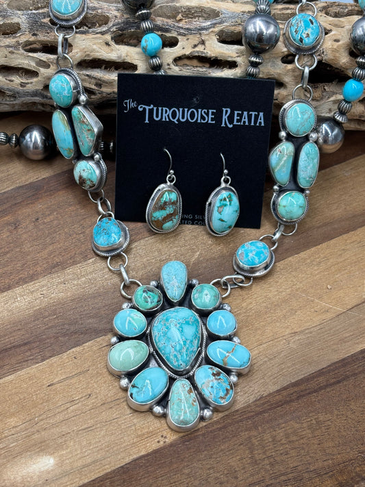Carico Lake #101-7 Turquoise Statement Necklace Set by Ella Peter, Navajo