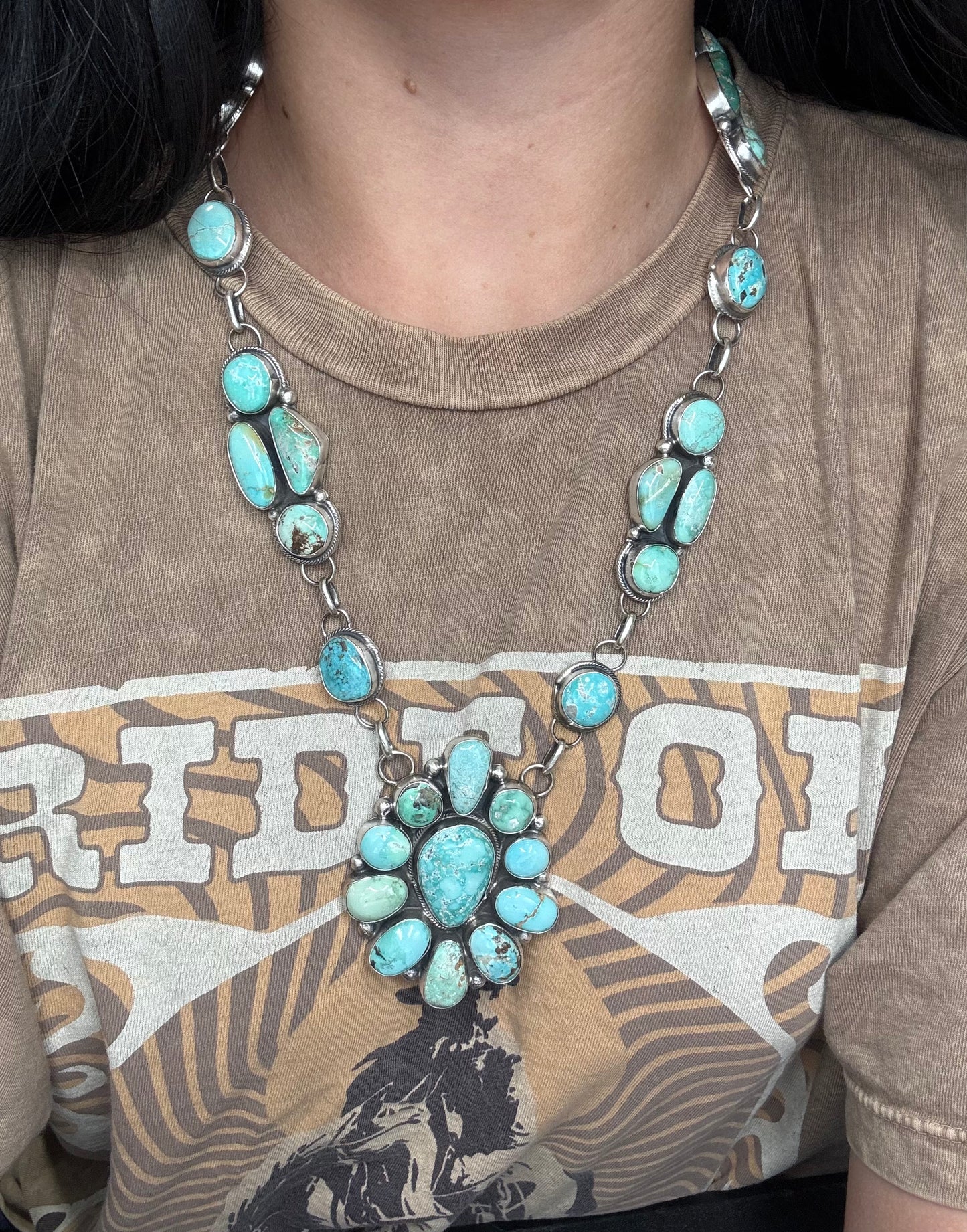Carico Lake #101-7 Turquoise Statement Necklace Set by Ella Peter, Navajo