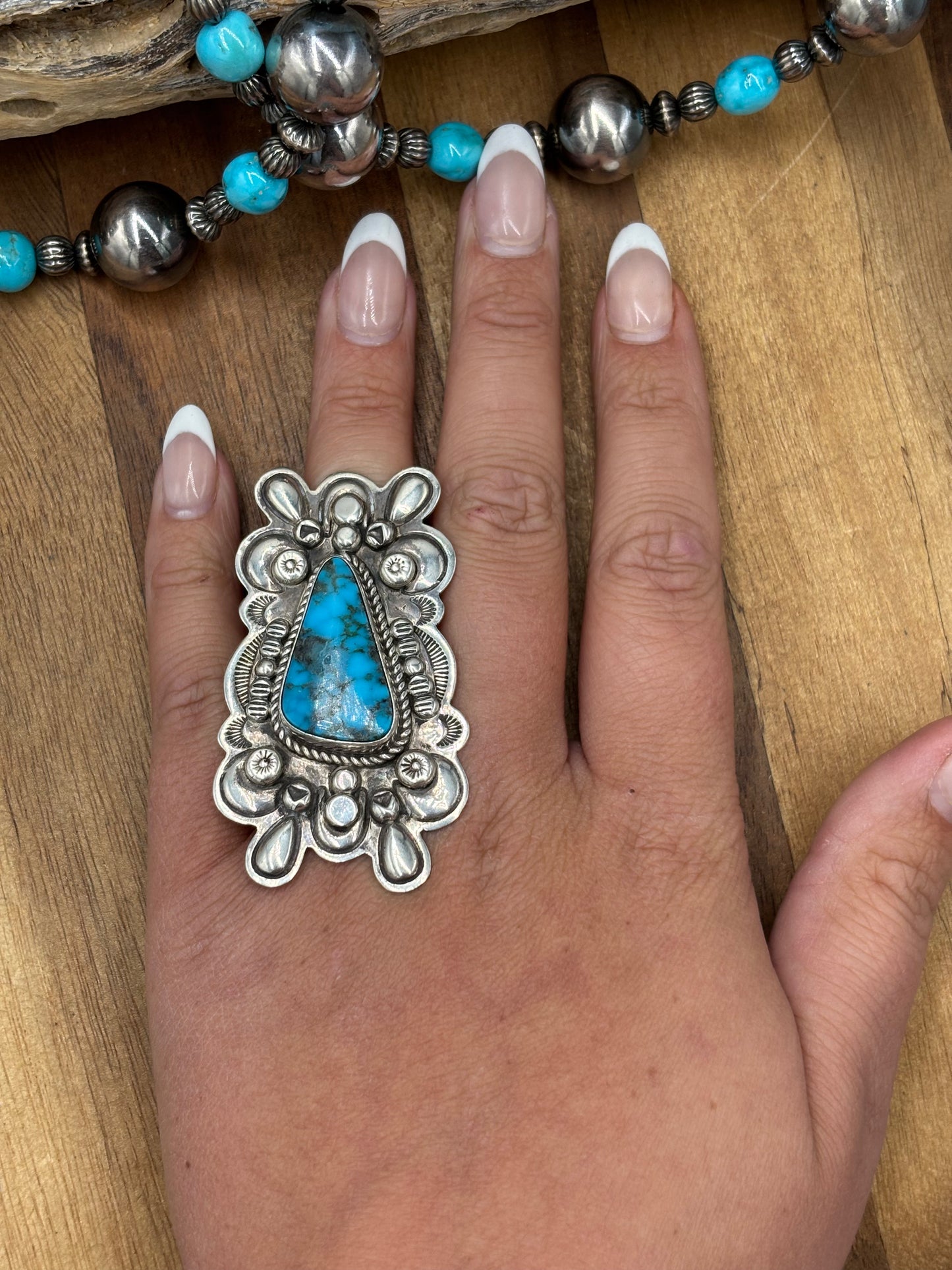 Webbed Turquoise #1030-6 Ring Size 9.75 by S, Navajo