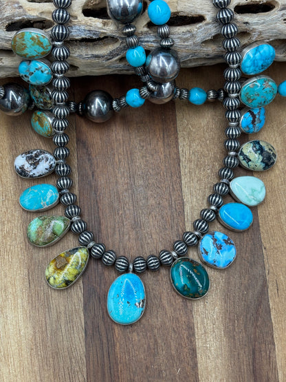Mixed Stone #1030-8 Charm Necklace Turquoise, Palomino, White Buffalo by LB, Navajo