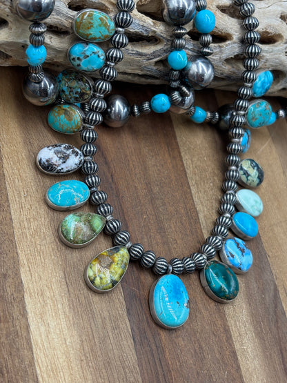 Mixed Stone #1030-8 Charm Necklace Turquoise, Palomino, White Buffalo by LB, Navajo