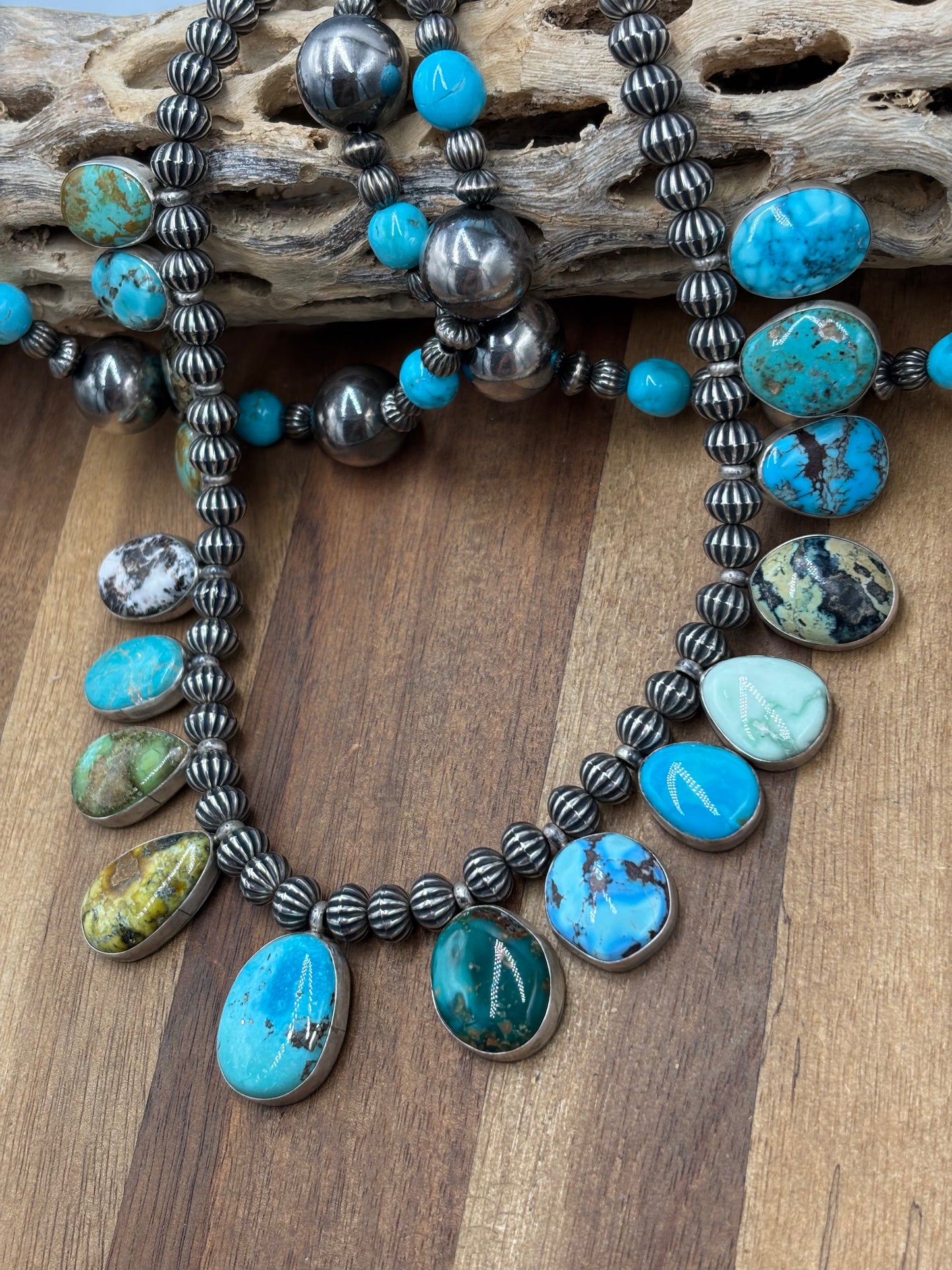 Mixed Stone #1030-8 Charm Necklace Turquoise, Palomino, White Buffalo by LB, Navajo