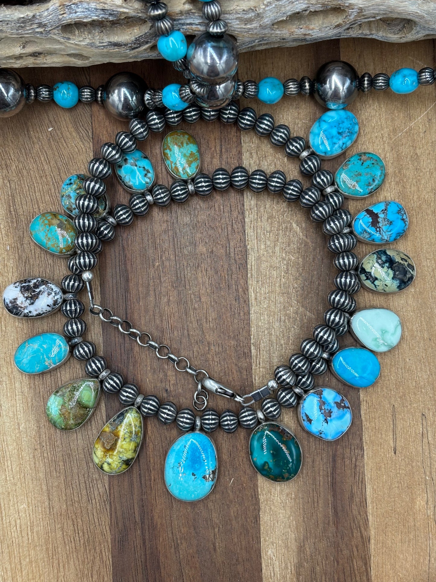Mixed Stone #1030-8 Charm Necklace Turquoise, Palomino, White Buffalo by LB, Navajo