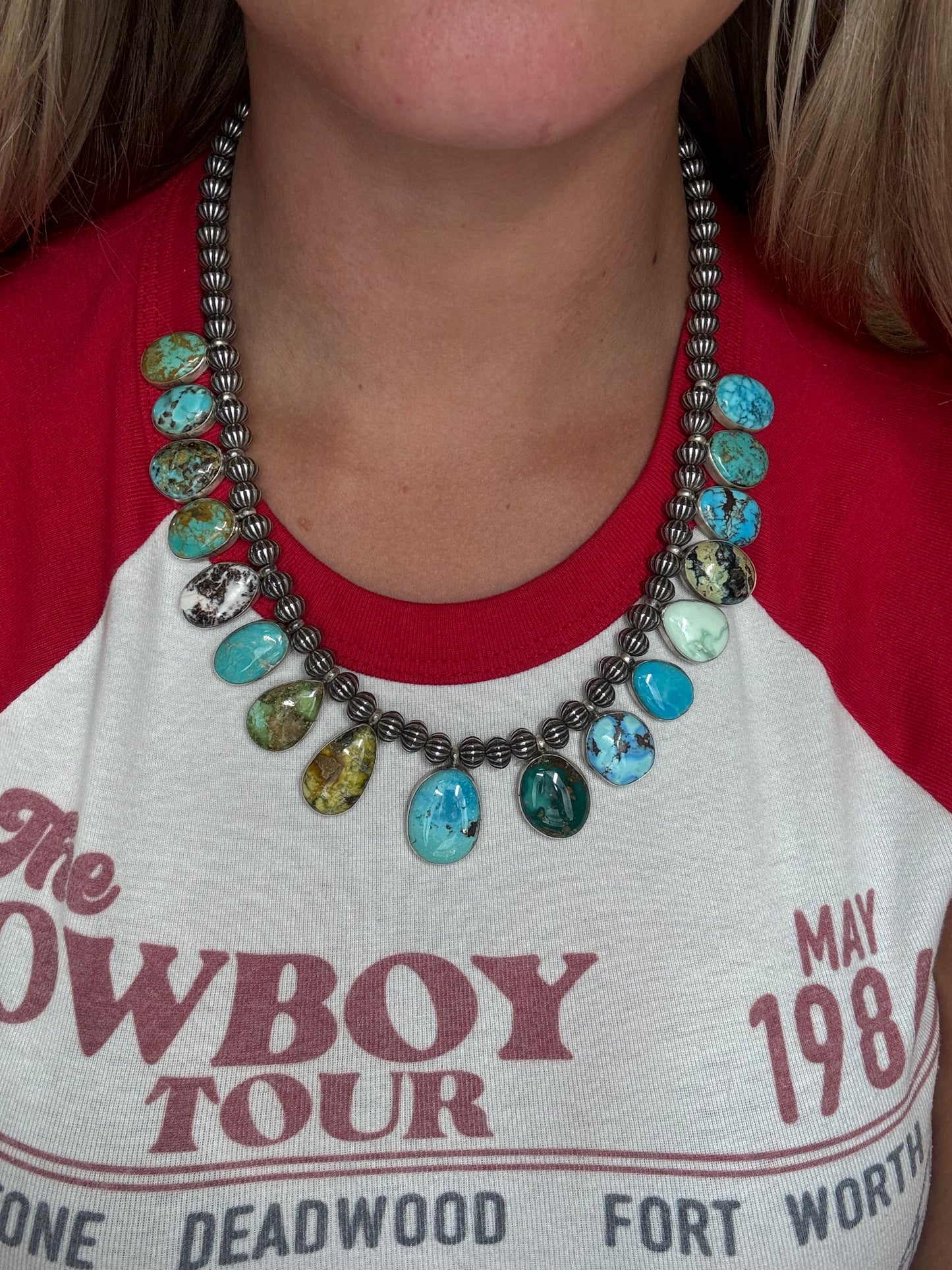 Mixed Stone #1030-8 Charm Necklace Turquoise, Palomino, White Buffalo by LB, Navajo