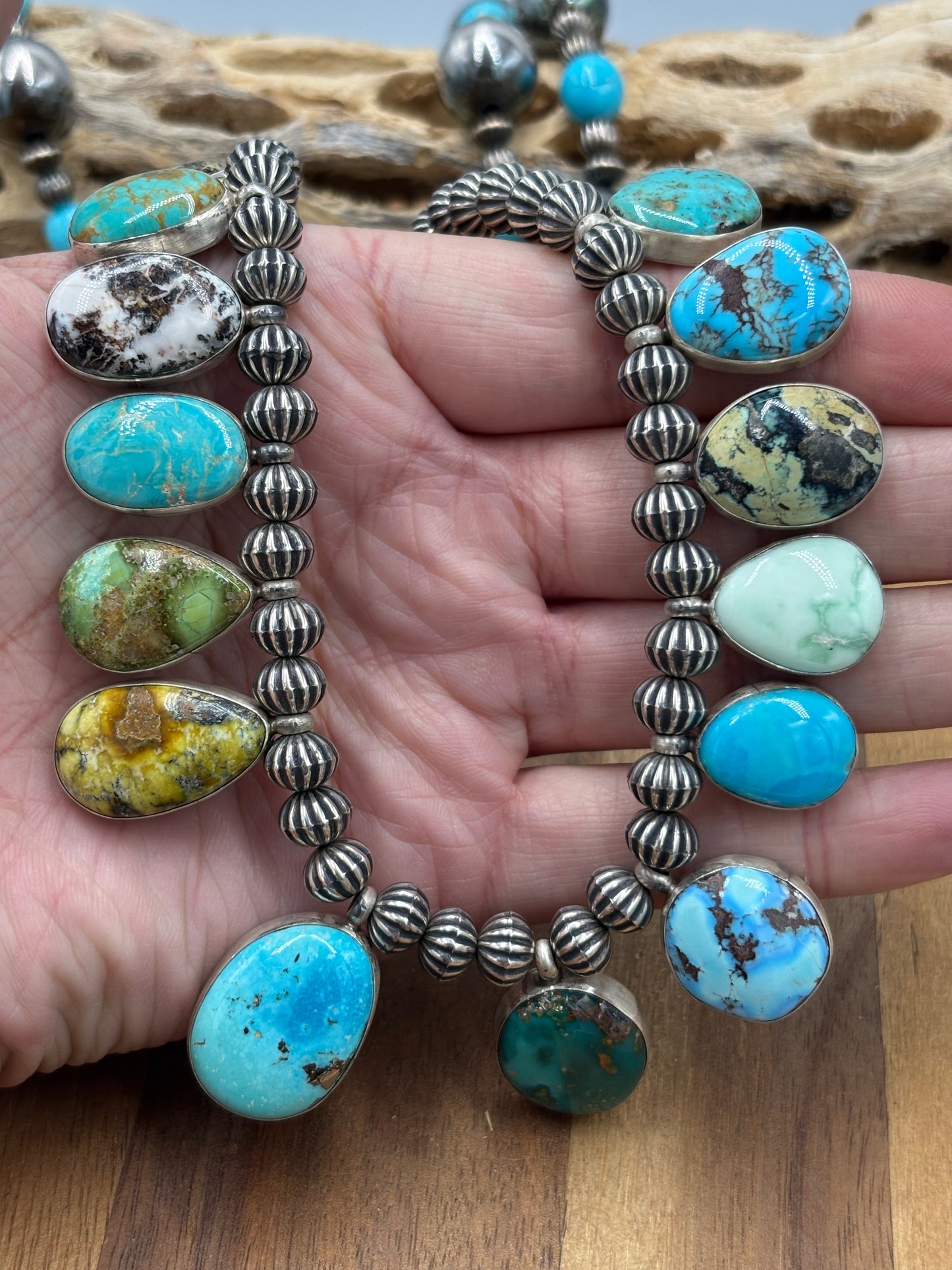 Mixed Stone #1030-8 Charm Necklace Turquoise, Palomino, White Buffalo by LB, Navajo
