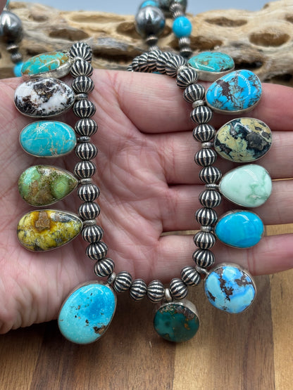 Mixed Stone #1030-8 Charm Necklace Turquoise, Palomino, White Buffalo by LB, Navajo