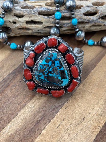 Persian & Coral Heirloom Statement Squash Blossom & Cuff Set by Gabriel Jurado