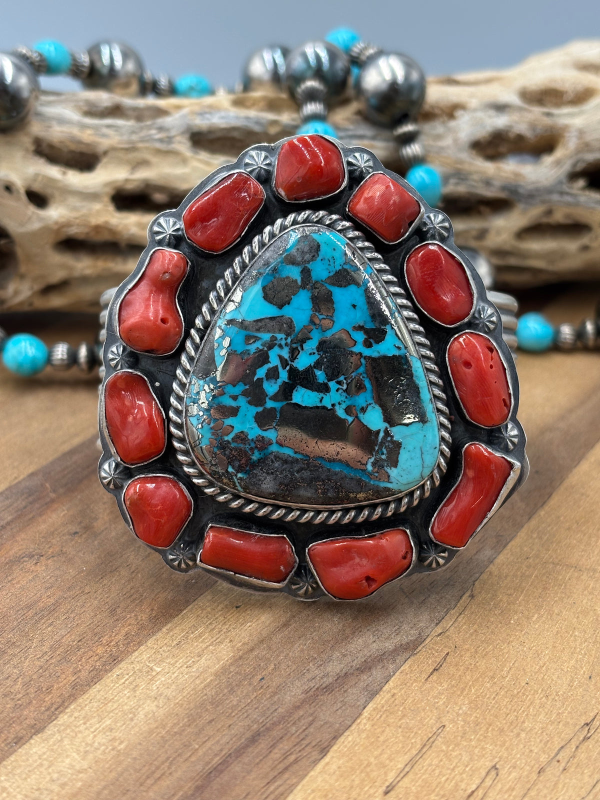 Persian & Coral Heirloom Statement Squash Blossom & Cuff Set by Gabriel Jurado