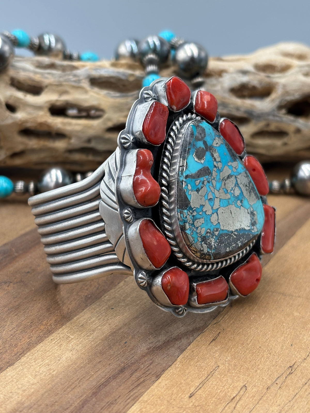 Persian & Coral Heirloom Statement Squash Blossom & Cuff Set by Gabriel Jurado