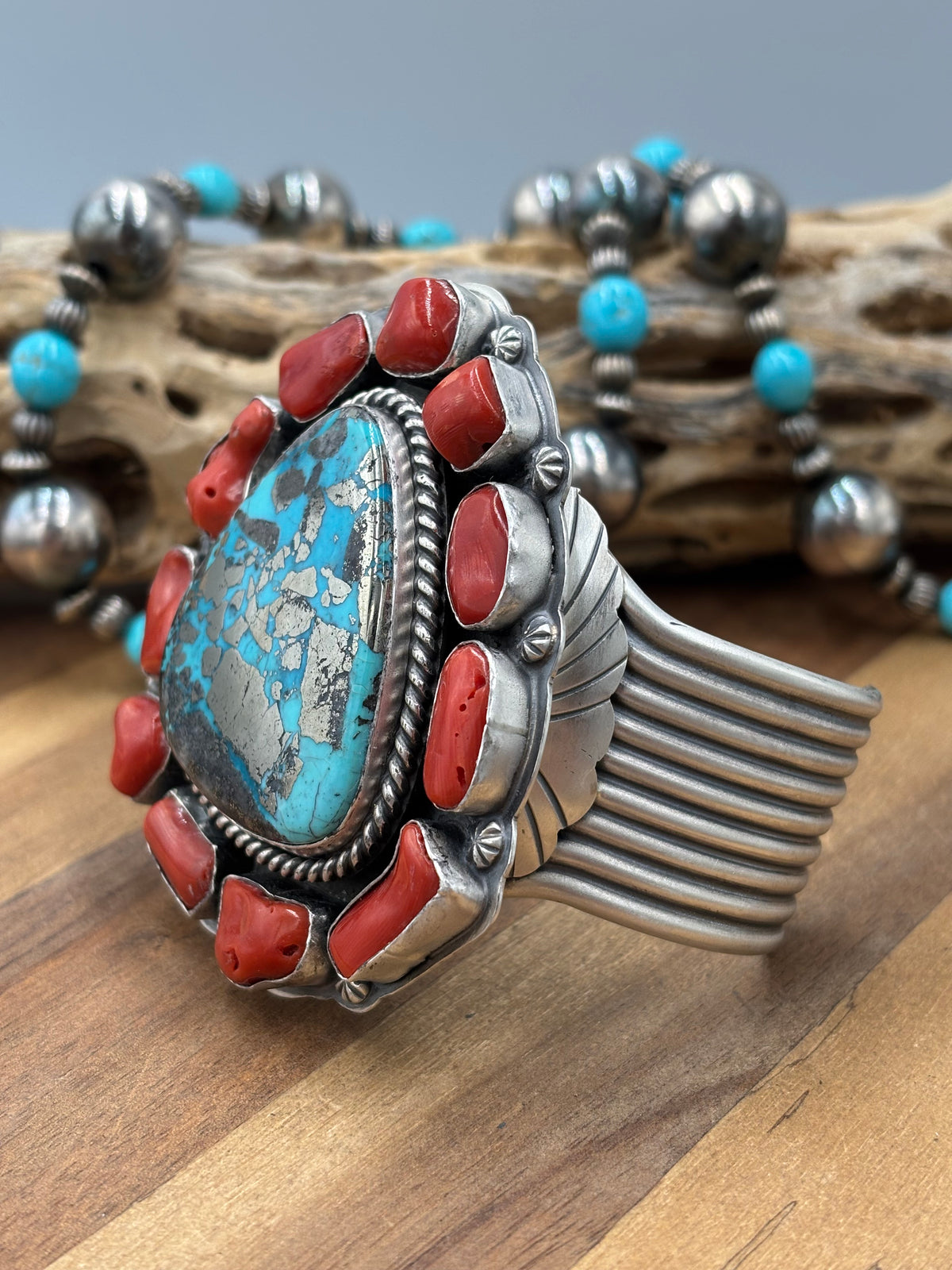 Persian & Coral Heirloom Statement Squash Blossom & Cuff Set by Gabriel Jurado