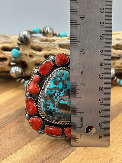 Persian & Coral Heirloom Statement Squash Blossom & Cuff Set by Gabriel Jurado