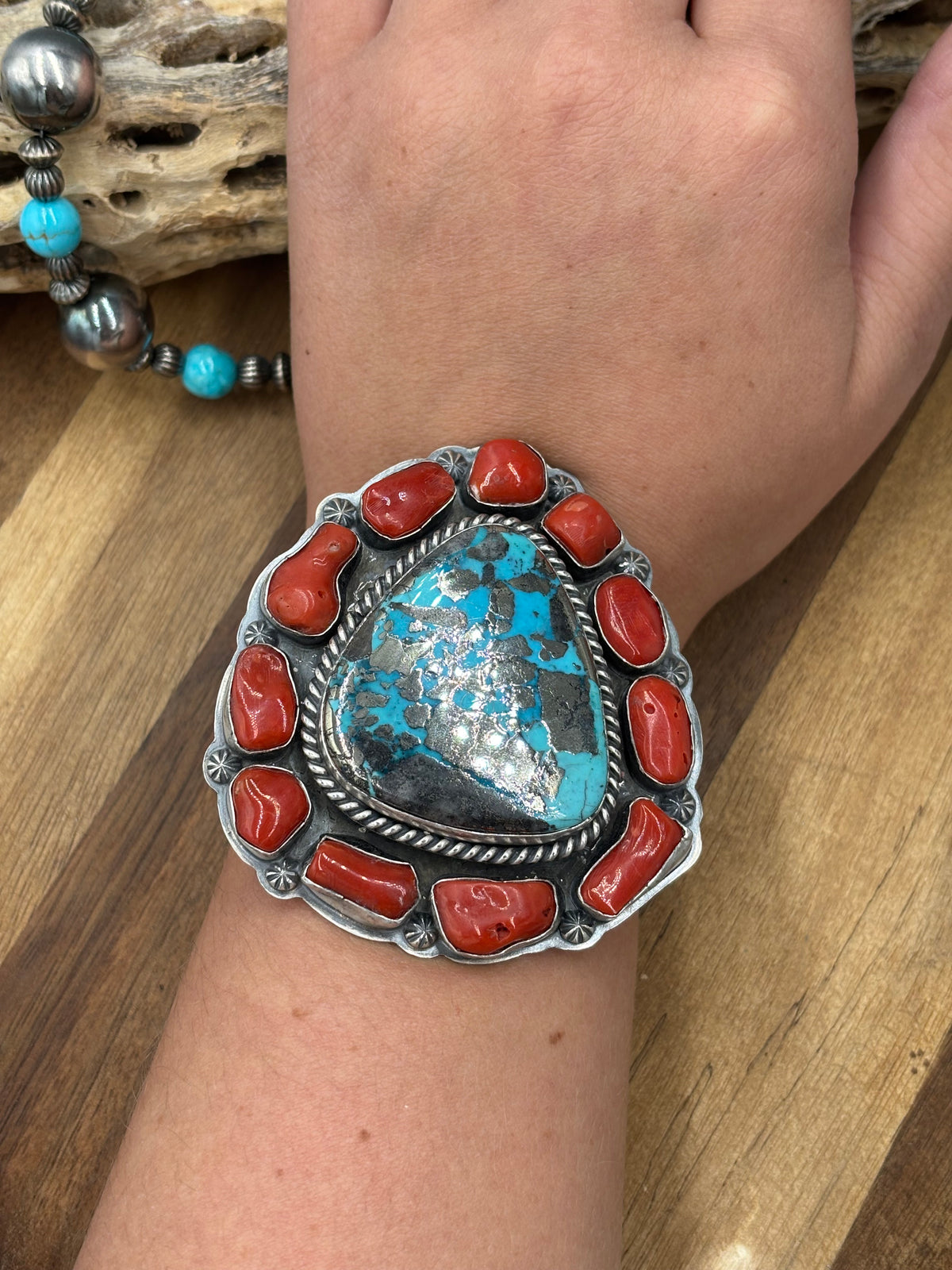 Persian & Coral Heirloom Statement Squash Blossom & Cuff Set by Gabriel Jurado