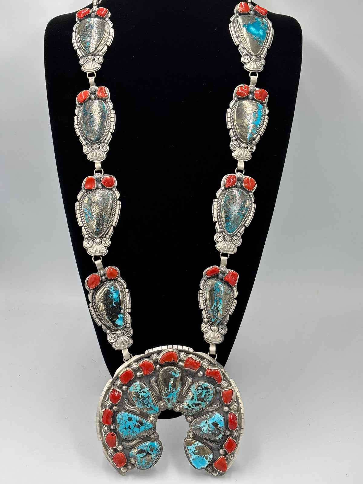 Persian & Coral Heirloom Statement Squash Blossom & Cuff Set by Gabriel Jurado