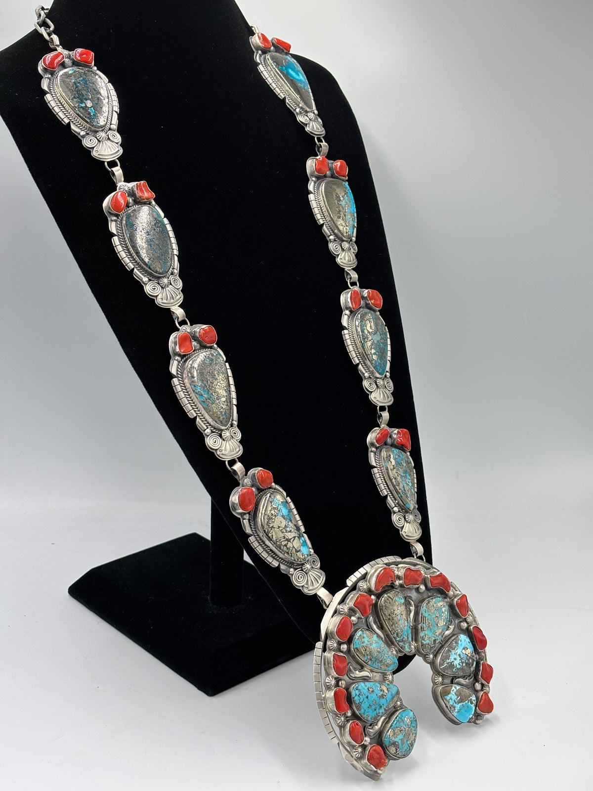 Persian & Coral Heirloom Statement Squash Blossom & Cuff Set by Gabriel Jurado