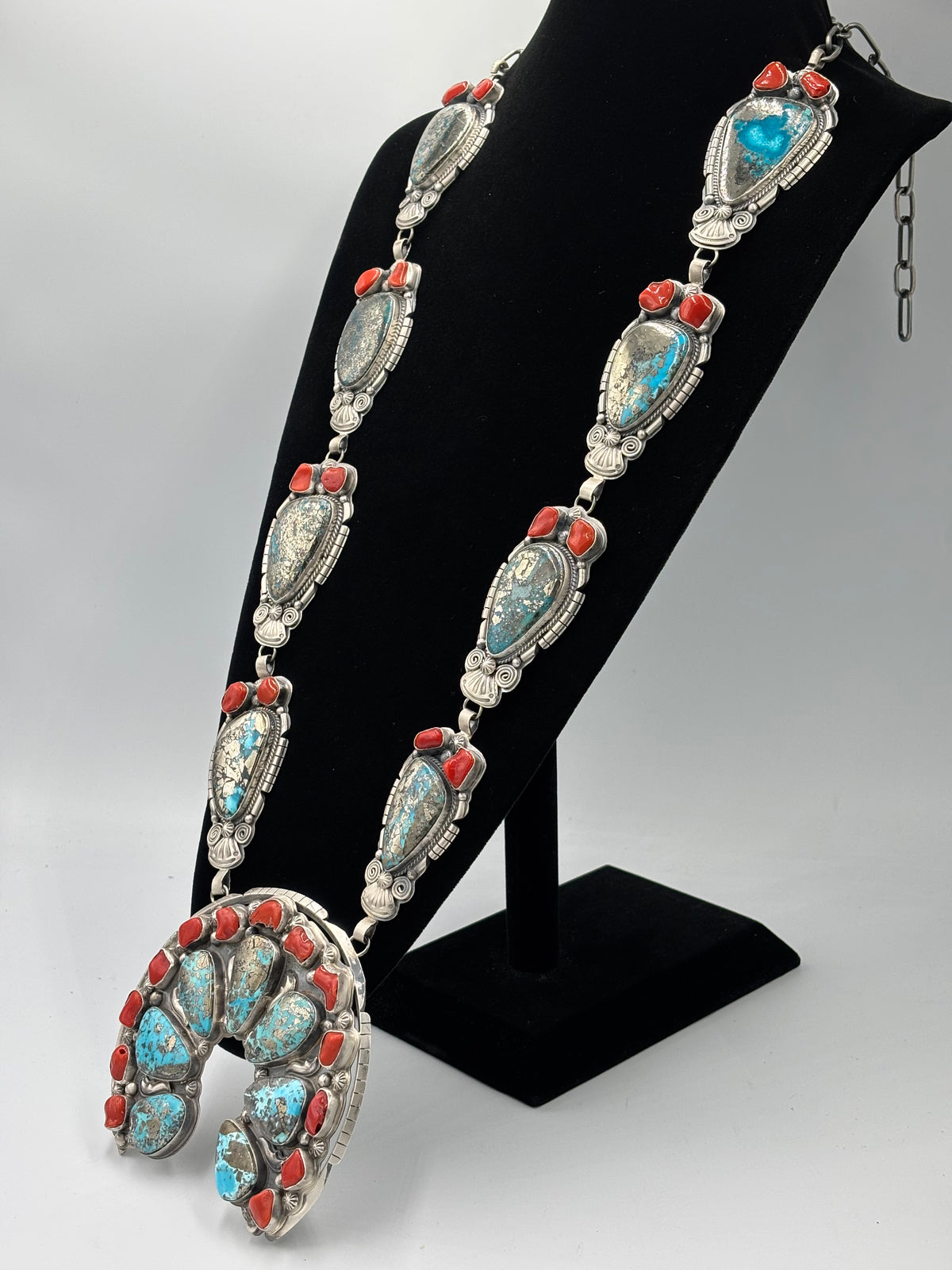 Persian & Coral Heirloom Statement Squash Blossom & Cuff Set by Gabriel Jurado
