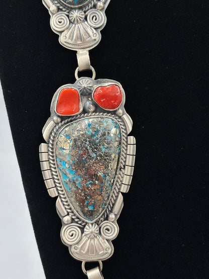 Persian & Coral Heirloom Statement Squash Blossom & Cuff Set by Gabriel Jurado